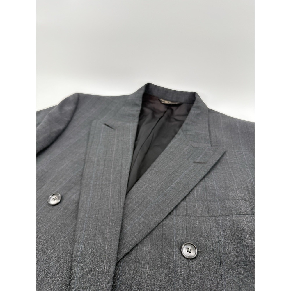 VNTG 90's Bespoke Gray Striped Wool Made In USA Double Breasted Blazer 44R